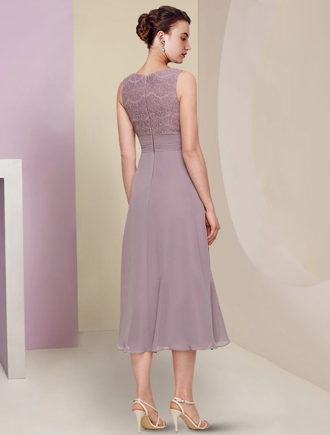 Vestido de dos piezas para madre de la novia, para invitada de boda, iglesia, elegante, cuello joya, largo hasta la rodilla, de gasa, encaje, media manga, con color liso