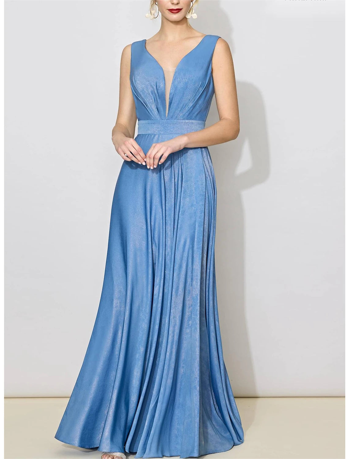 Abito da damigella d'onore a trapezio, scollo a V, senza maniche, elegante, lunghezza al pavimento, in spandex con fasciatura / tinta unita