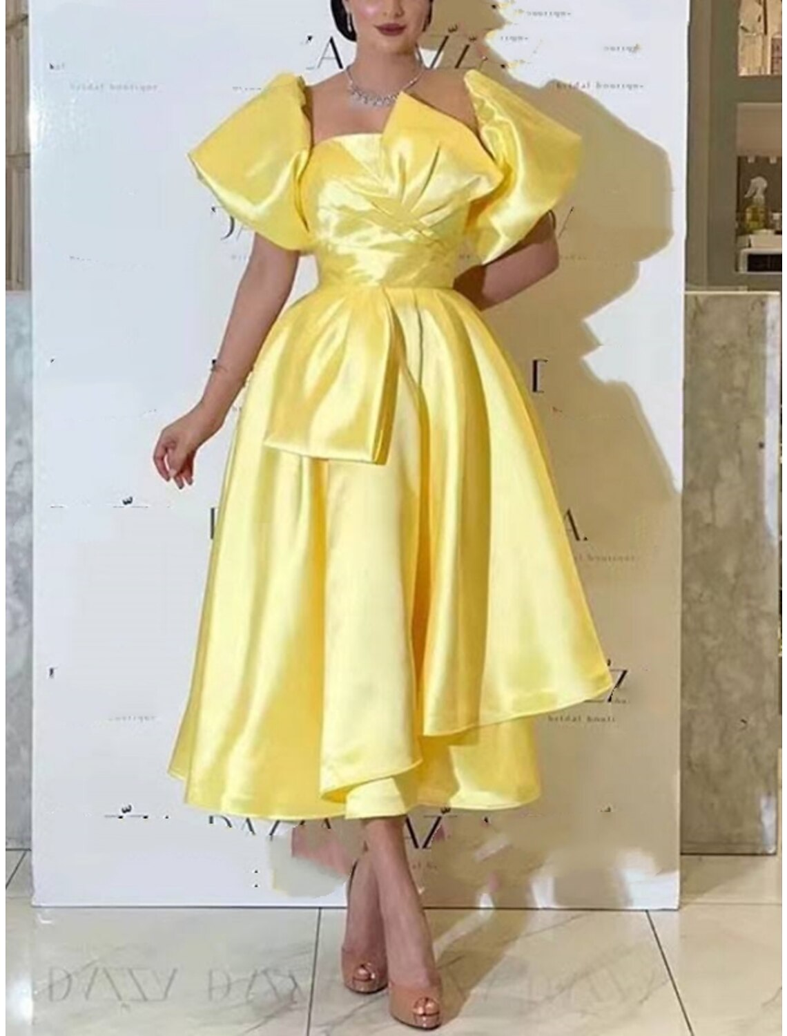 A-Line Cocktail Dresses Vintage Dress Formal Wedding Guest Tea Length Short Sleeve Square Neck Satin with Pleats Butterfly