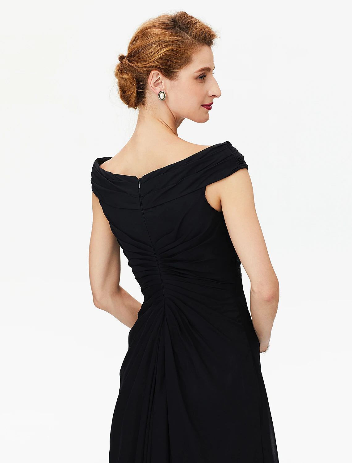 Vestido de madre de la novia con corte tubo/columna, hombros descubiertos, largo hasta el suelo, gasa, manga corta, sin mangas, con pliegues y abertura frontal