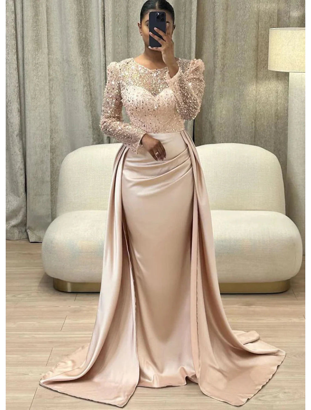 Ivory Satin Sheath/Column Gown with Illusion Sequin Sleeves