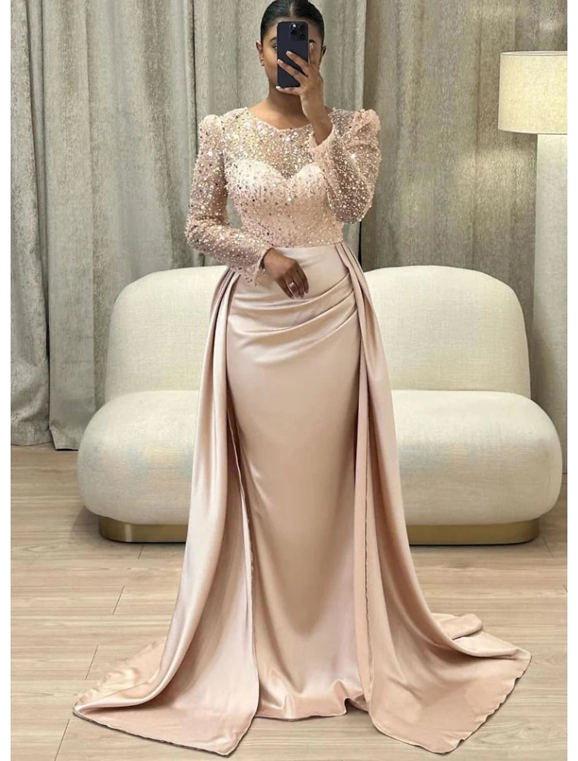Ivory Satin Sheath/Column Gown with Illusion Sequin Sleeves
