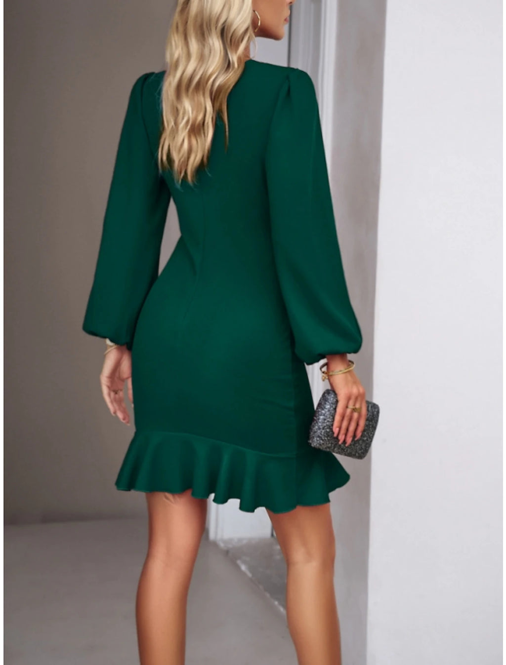 Forest Green Crepe Sheath/column Short Dress with Puff Sleeves, Ruched Side & Scoop Neck