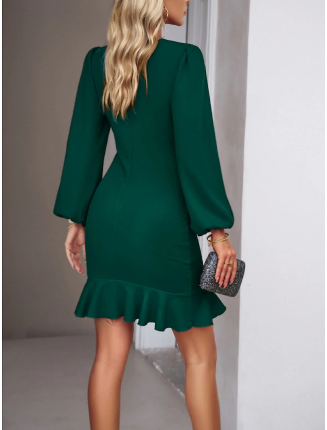 Forest Green Crepe Sheath/column Short Dress with Puff Sleeves, Ruched Side & Scoop Neck