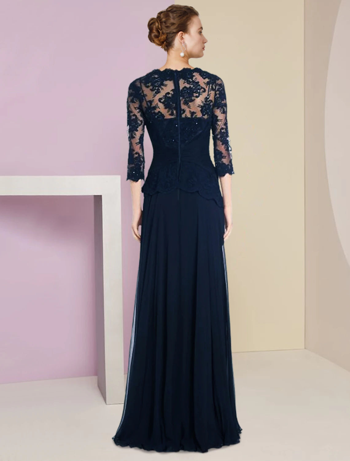 Dark Navy Lace A-Line Floor-Length Evening Dress with Sequins