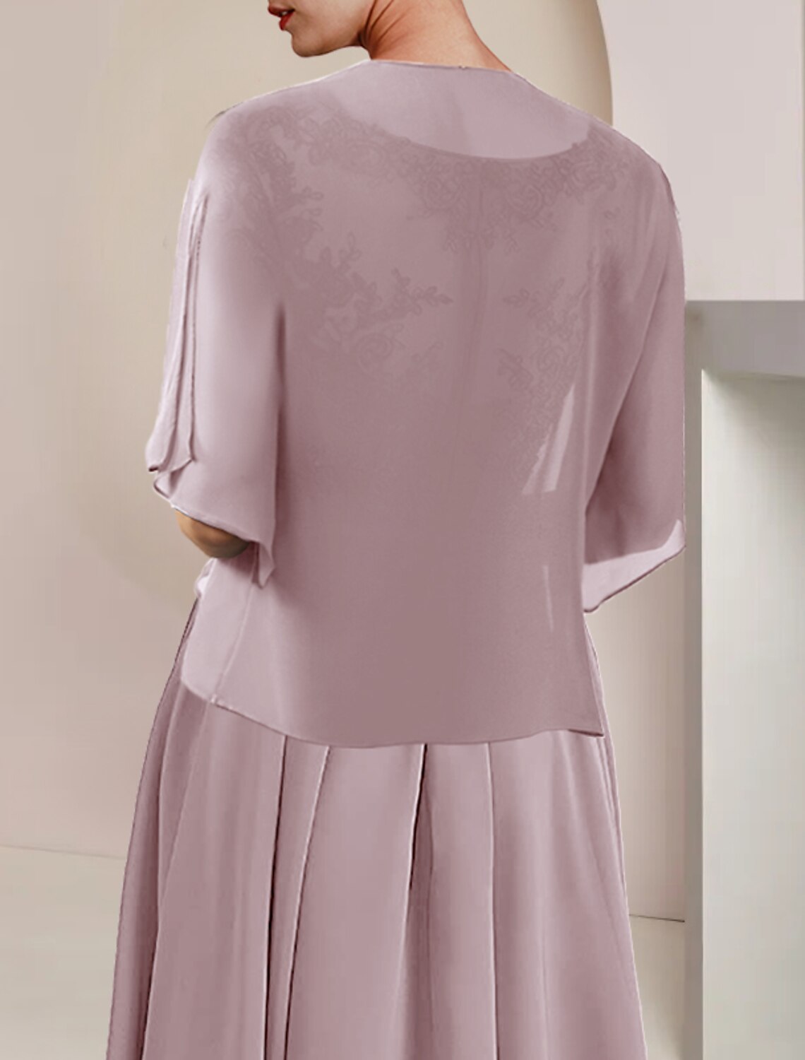 Vestido de dos piezas de corte A para madre de la novia, elegante, de novia formal, con escote en V, asimétrico, largo hasta la rodilla, de gasa, con encaje, manga corta, cruzado, con pliegues y apliques.