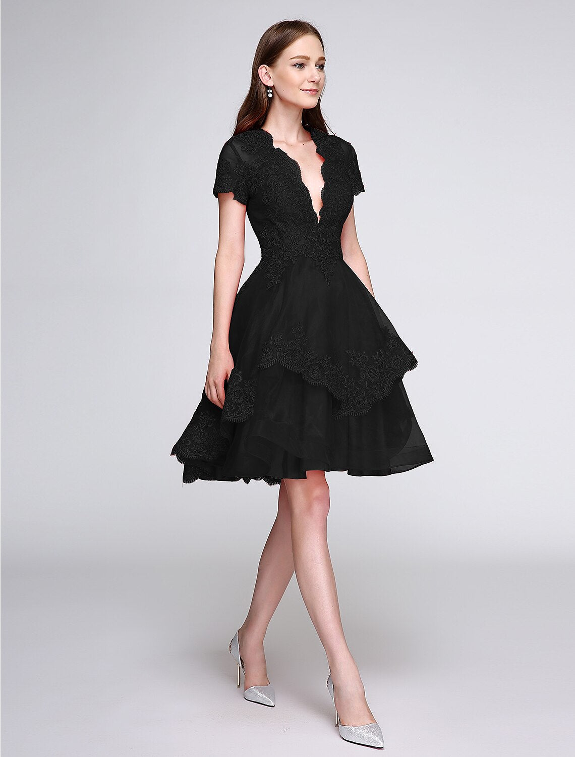 Black Chiffon A-Line Short Evening Dress with Plunging V-Neck
