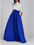 Vestido de noche de corte A, vestido de fiesta, vestido formal para invitada de boda, largo hasta el suelo, manga 3/4, cuello camisero, satén con lazo(s) y pliegues.