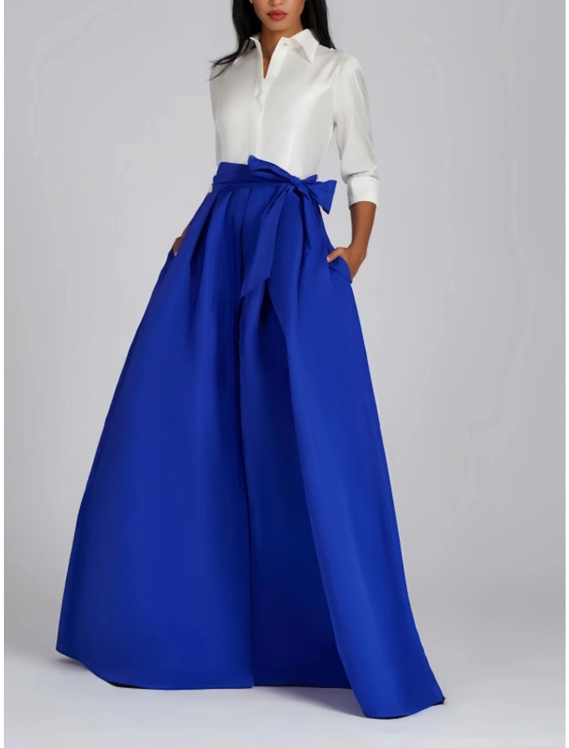 Vestido de noche de corte A, vestido de fiesta, vestido formal para invitada de boda, largo hasta el suelo, manga 3/4, cuello camisero, satén con lazo(s) y pliegues.