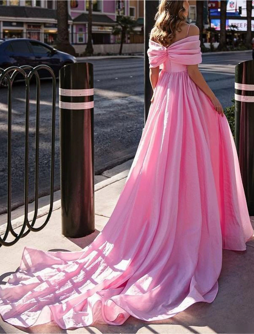Pink Chiffon A-Line Off-the-Shoulder Floor-Length Evening Dress