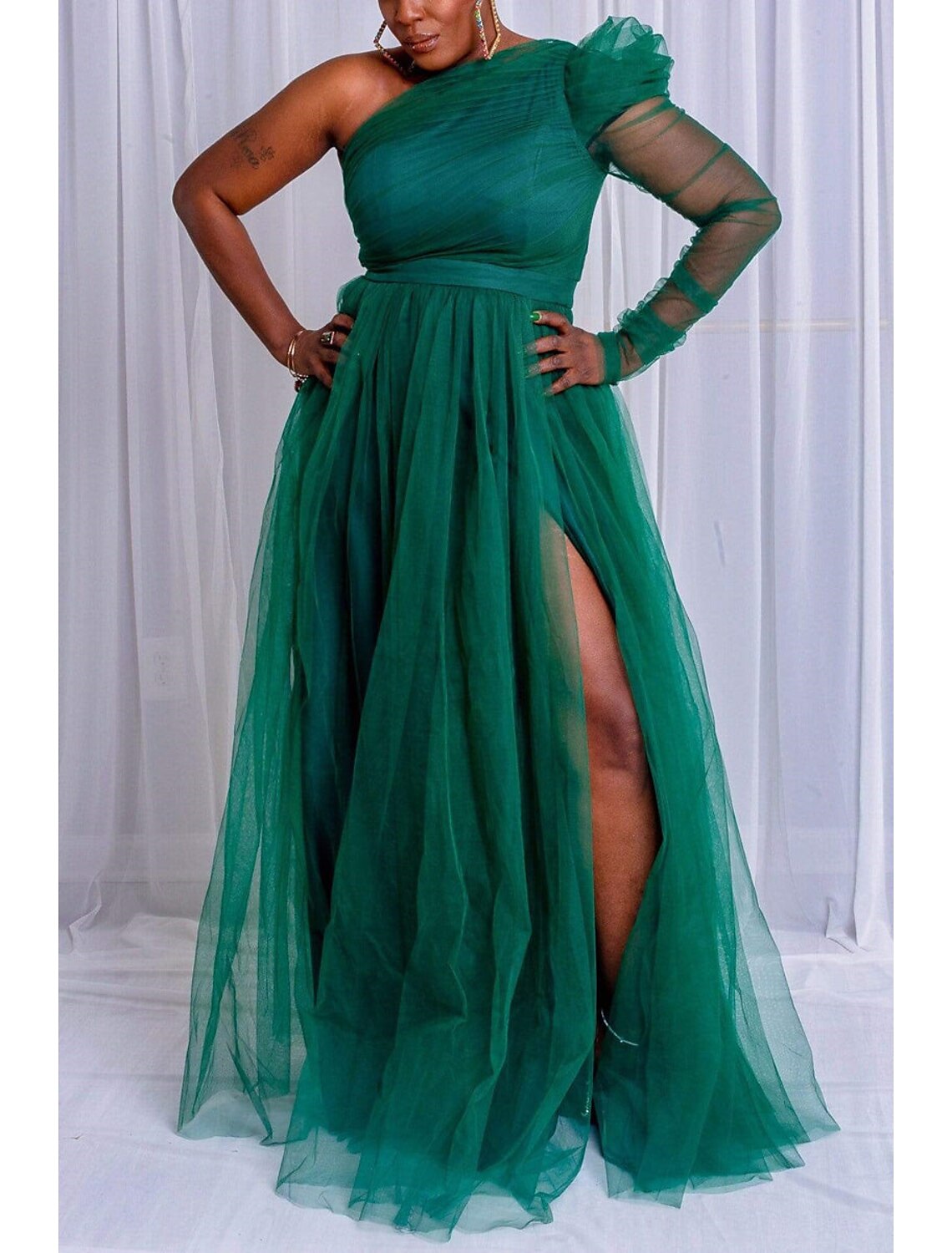 Vestidos de fiesta de corte A, talla grande, para invitados de boda, formales, de noche, con cola larga, de un solo hombro, de tul, con abertura, de la familia Addams, color puro