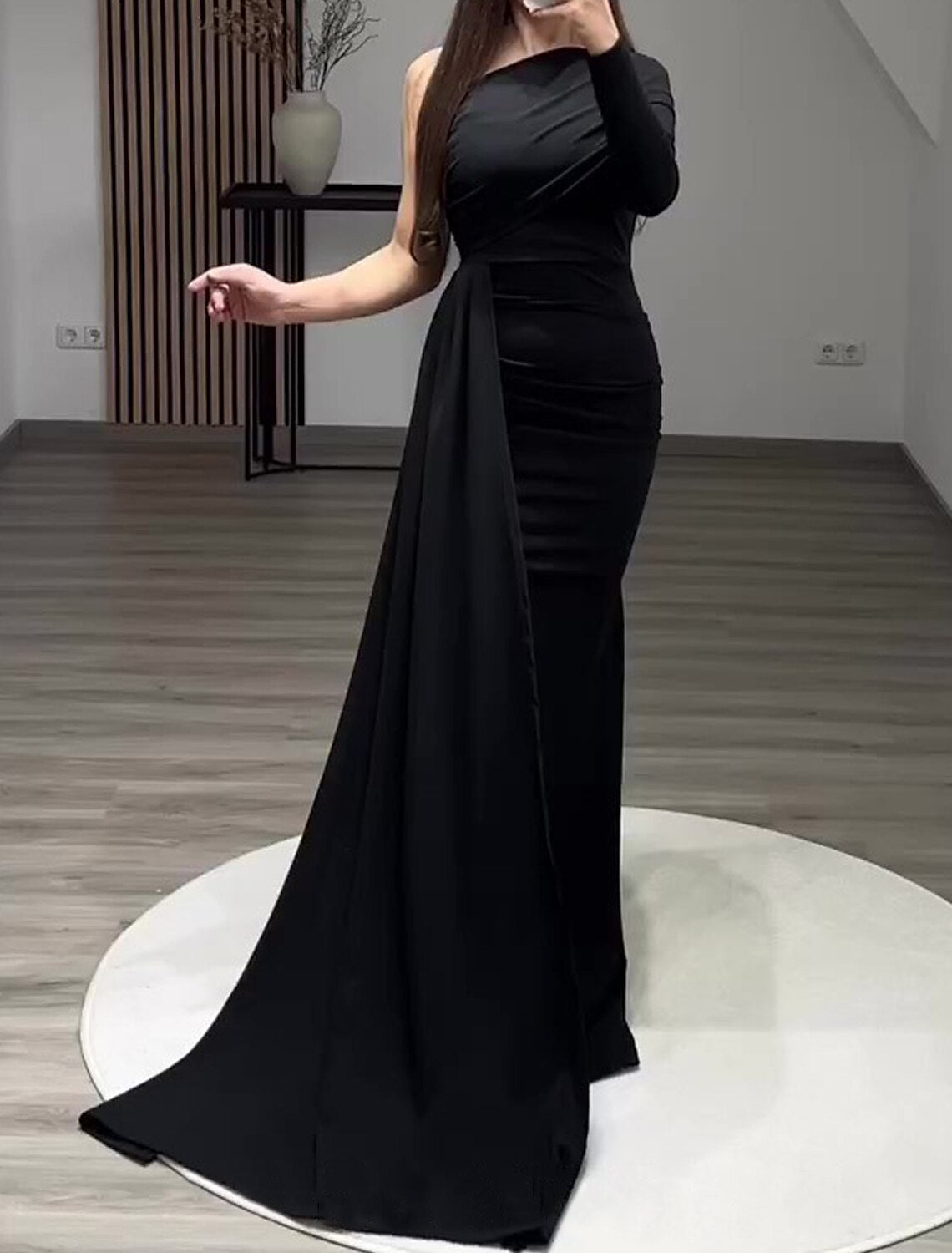 Mermaid Black Dress Evening Gown Vintage Dress Formal Masquerade Floor Length Long Sleeve One Shoulder Gothic  Chiffon with Ruched