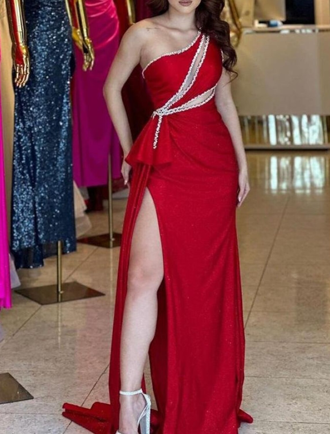 Mermaid / Trumpet Evening Gown Cut Out Dress Formal Wedding Reception Court Train Sleeveless One Shoulder Charmeuse with Slit