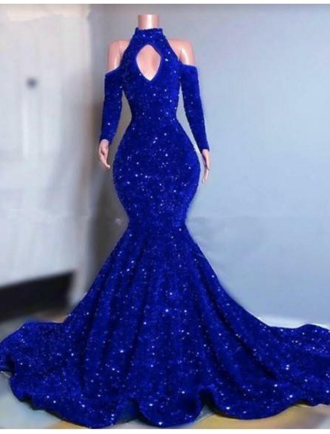 Royal Blue Sequin Mermaid Floor-Length Dress with Keyhole High Neck