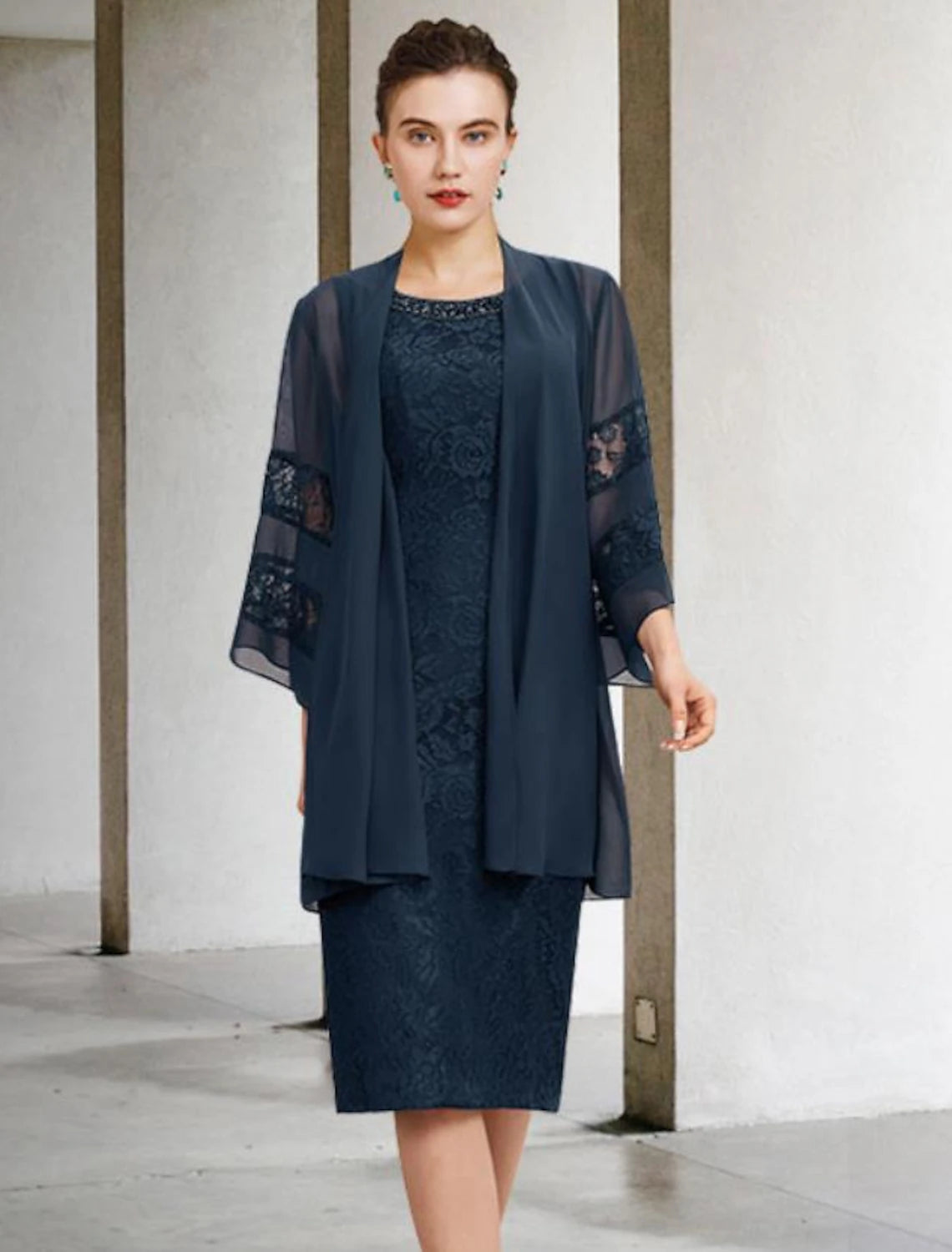 Vestido de dos piezas tipo tubo/columna para madre de la novia, para invitada de boda, talla grande, elegante, cuello joya, largo hasta la rodilla, de gasa, con encaje, sin mangas y apliques de cuentas, para otoño