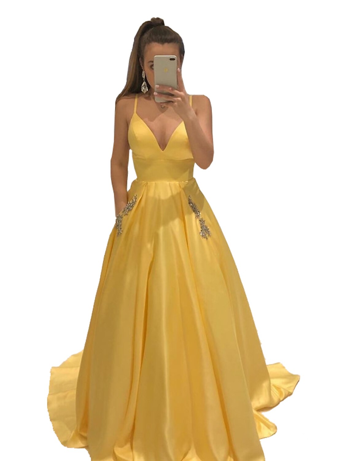 Yellow Satin A-Line V-Neck Floor-Length Evening Gown with Embellished Pockets