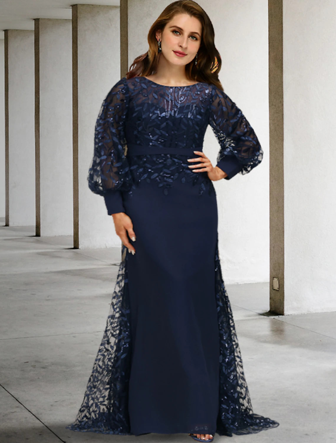 Dark Navy Embroidered Mesh Sleeve Floor-Length Evening Dress