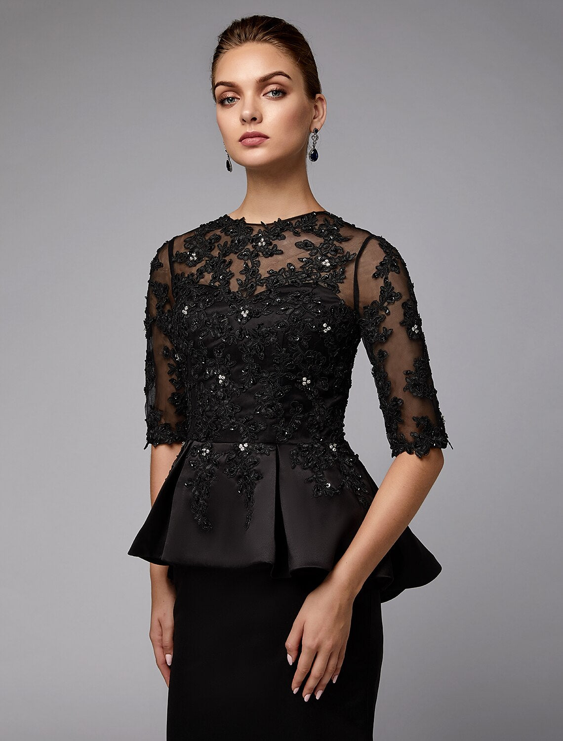 Vestido de sirena/trompeta para madre de la novia, sexy, transparente, con escote joya, cola larga/cepillo, encaje satinado, media manga con apliques de cuentas