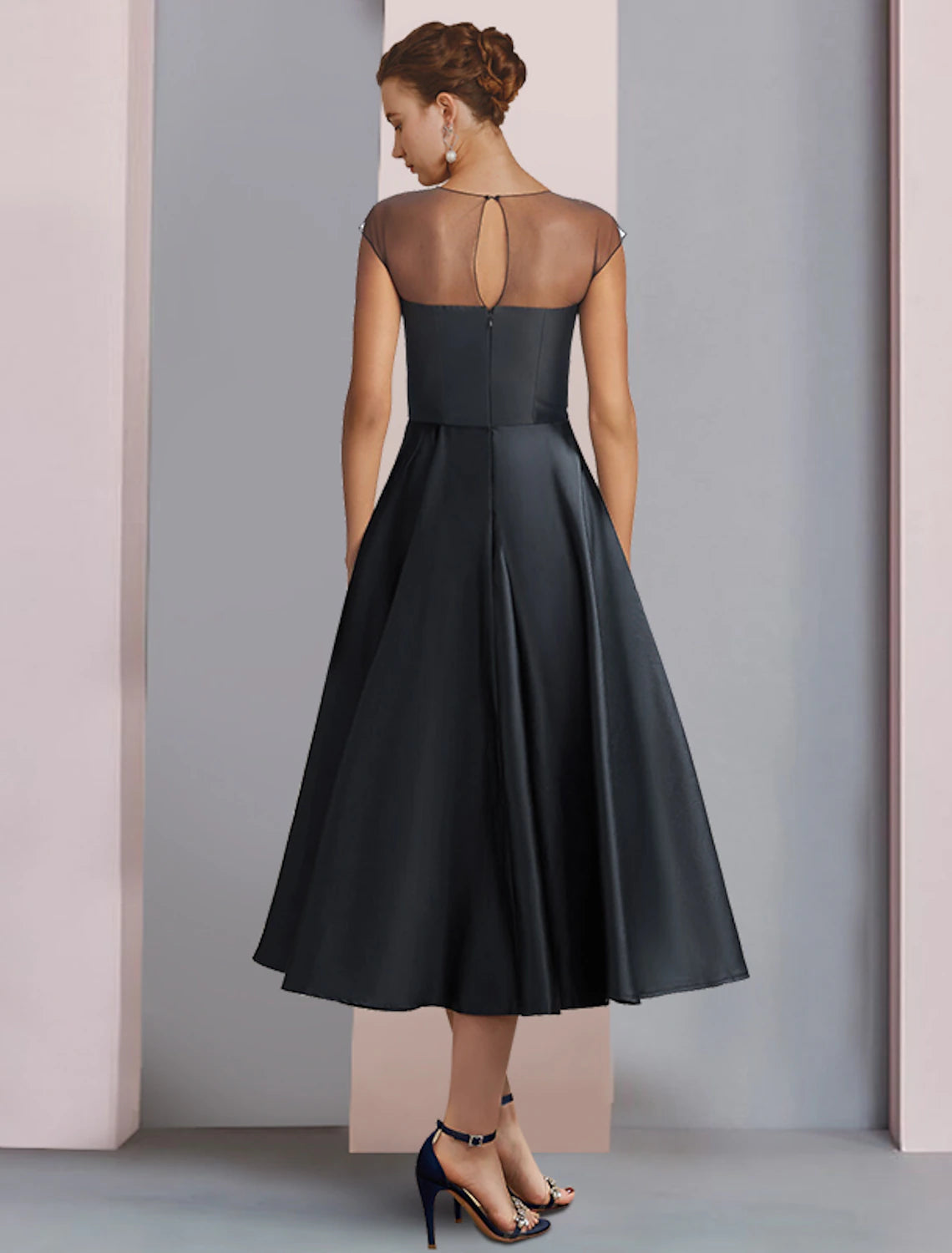 Black Satin A-Line Tea-Length Dress with Illusion Neck and 3D Floral Embellishment