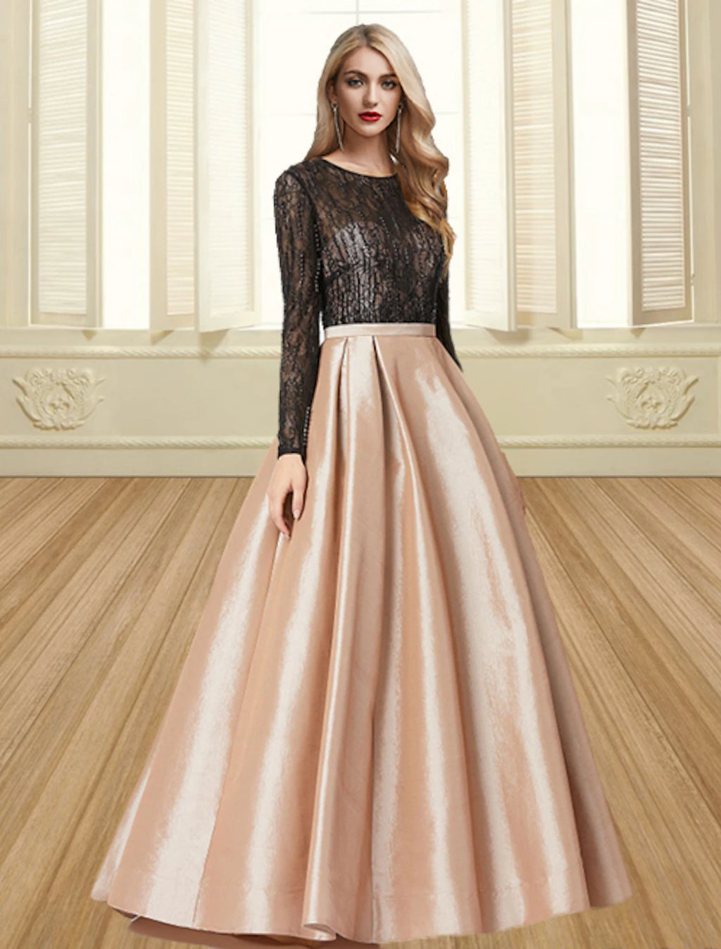 Vestido de noche con bloques de color, vestido de fiesta, vestido formal de noche, largo hasta el suelo, manga larga, cuello joya, satén con pliegues