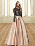Vestido de noche con bloques de color, vestido de fiesta, vestido formal de noche, largo hasta el suelo, manga larga, cuello joya, satén con pliegues