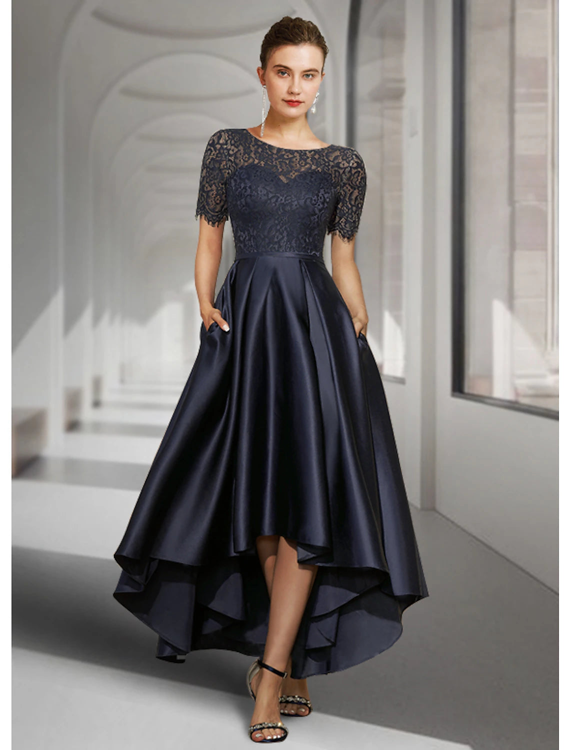 Dark Navy Lace Satin A-Line High-Low Evening Dress with Boat Neck