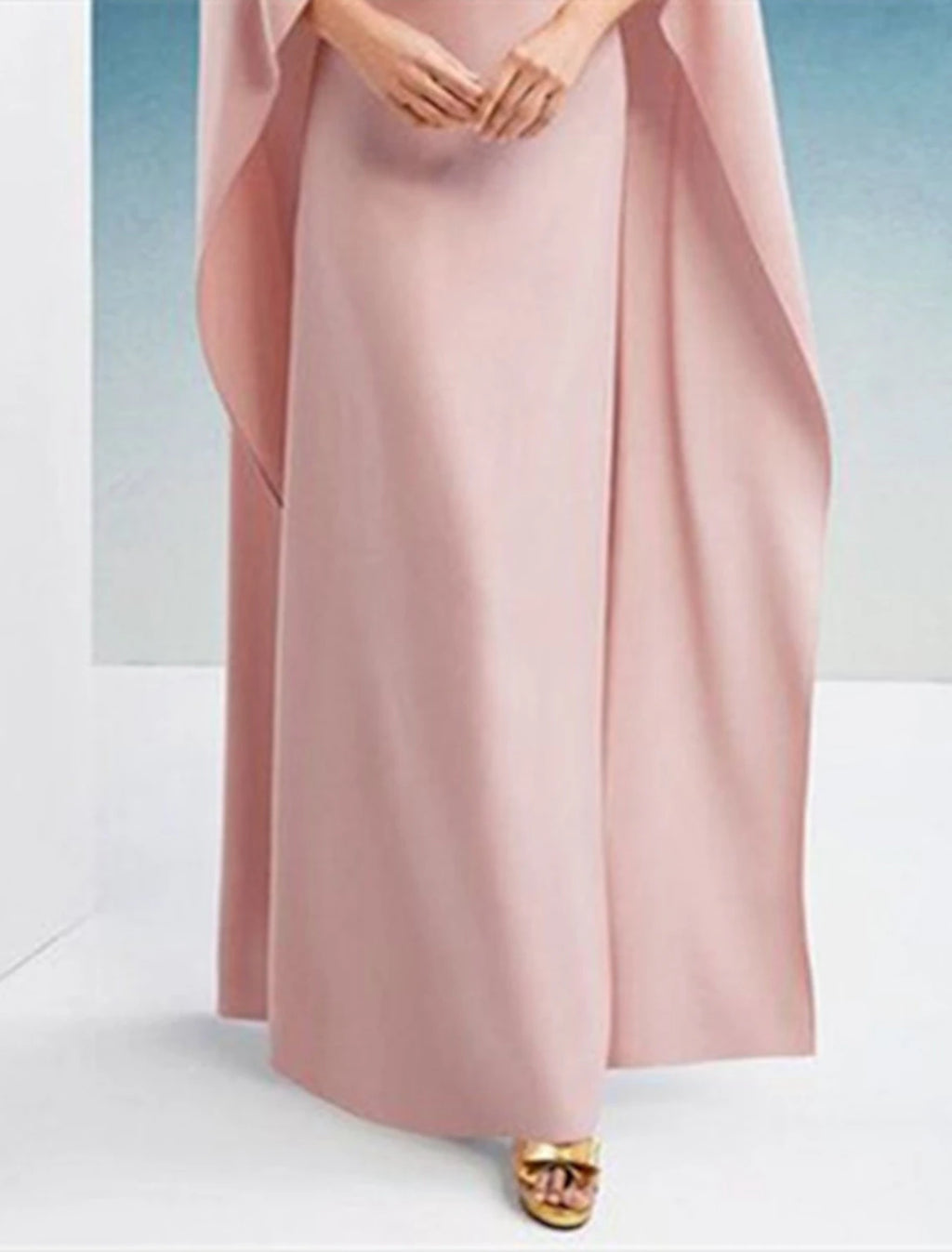 Blushing Pink Crepe Sheath/Column Evening Dress with Cape Overlay