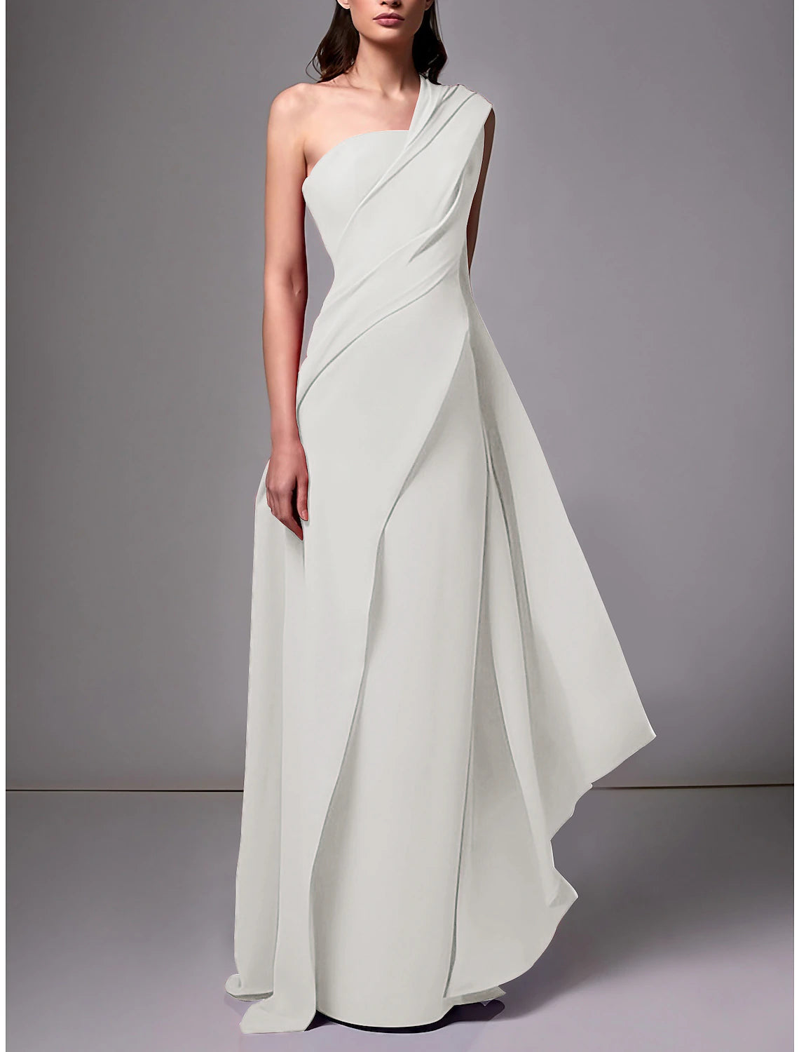 Red Crepe A-Line Floor-Length Evening Dress with One Shoulder Neckline