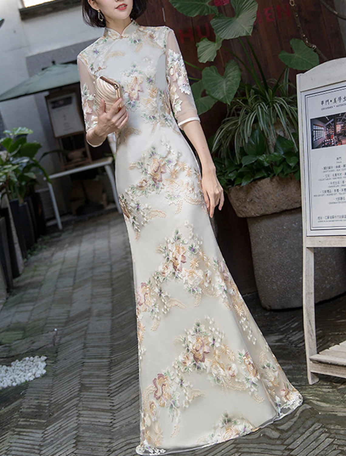Sheath / Column Cheongsam Chinese Qipao Vintage Wedding Guest Formal Evening Dress High Neck Half Sleeve Floor Length Satin with Embroidery