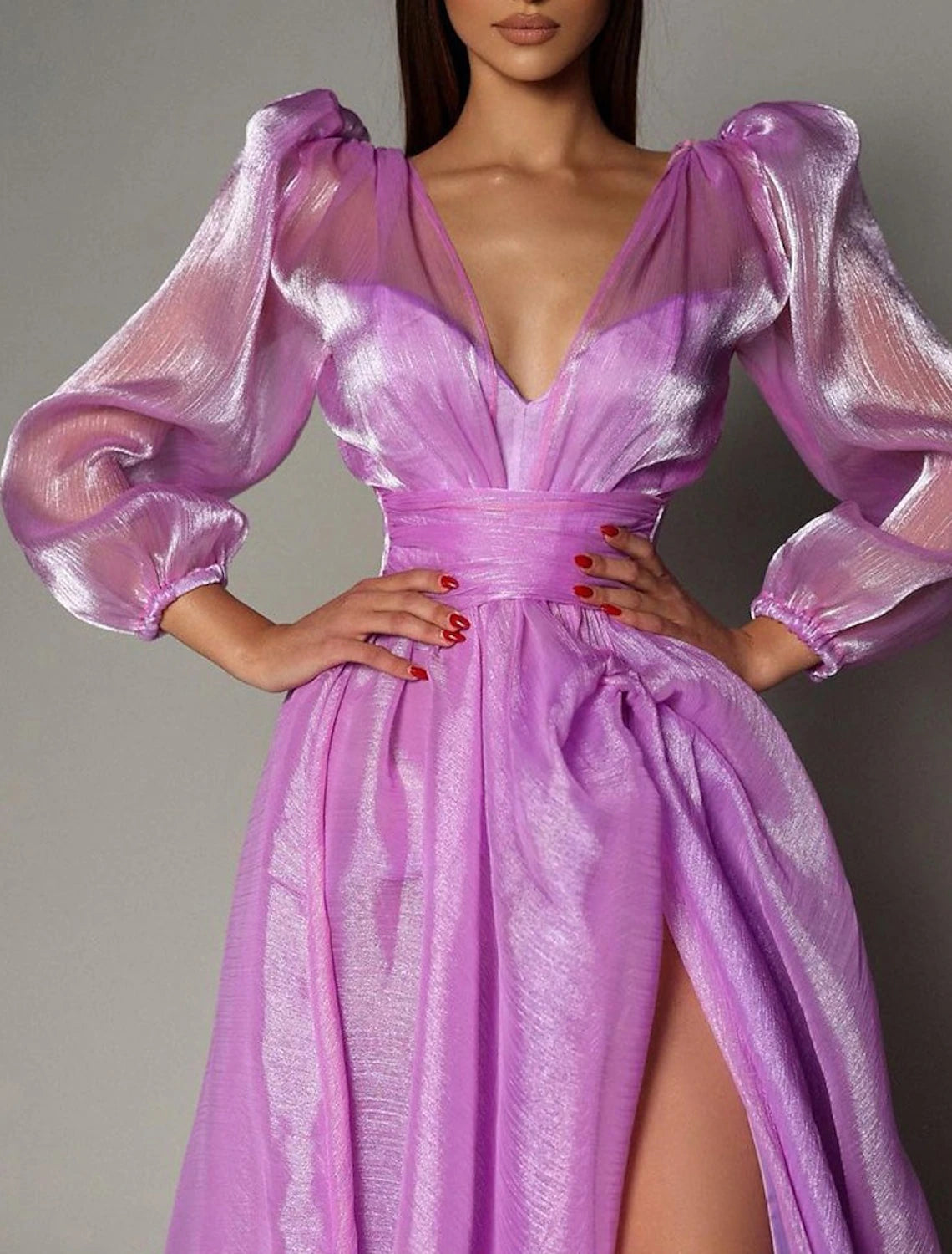 Abito da sera a trapezio con spacco alto, abito da ospite di nozze, in maschera, strascico, manica lunga, scollo a V, in organza con spacco 2025