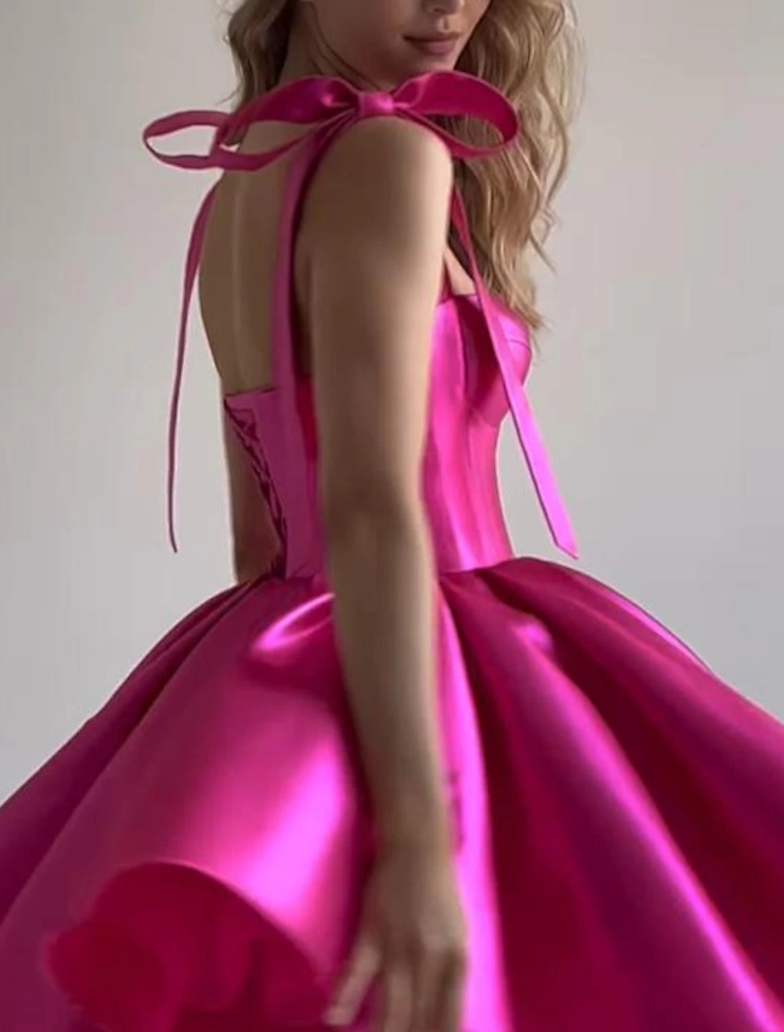 Abiti da ballo a trapezio, corsetti, abiti da festa, laurea, corti/mini, senza maniche, spalline sottili, abito rosa in raso con fiocco/i