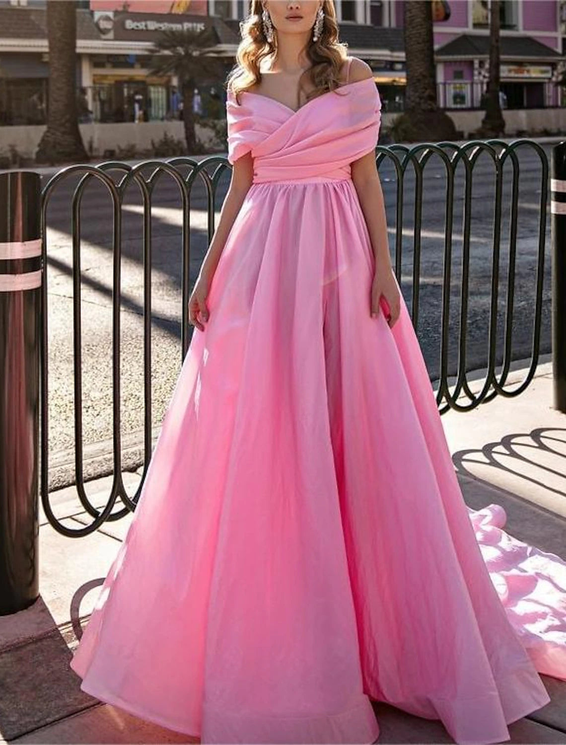 Pink Chiffon A-Line Off-the-Shoulder Floor-Length Evening Dress