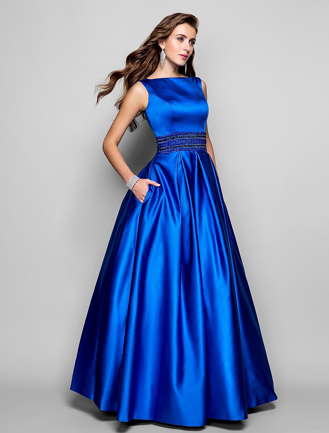 Royal Blue Satin A-Line Floor-Length Evening Dress - Scoop Neck Beaded Waistband