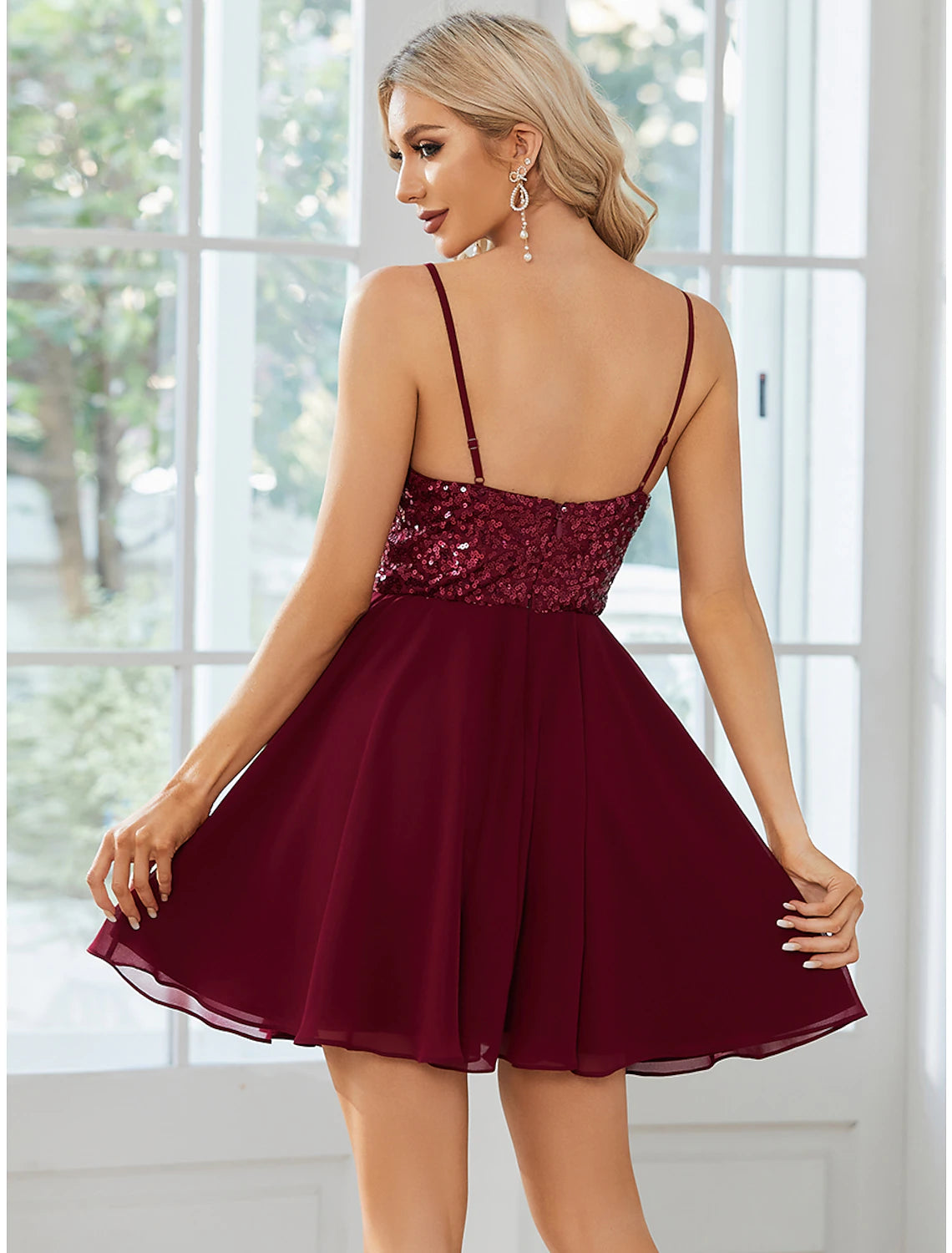 V-Neck Sequin A-Line Short Dress in Burgundy
