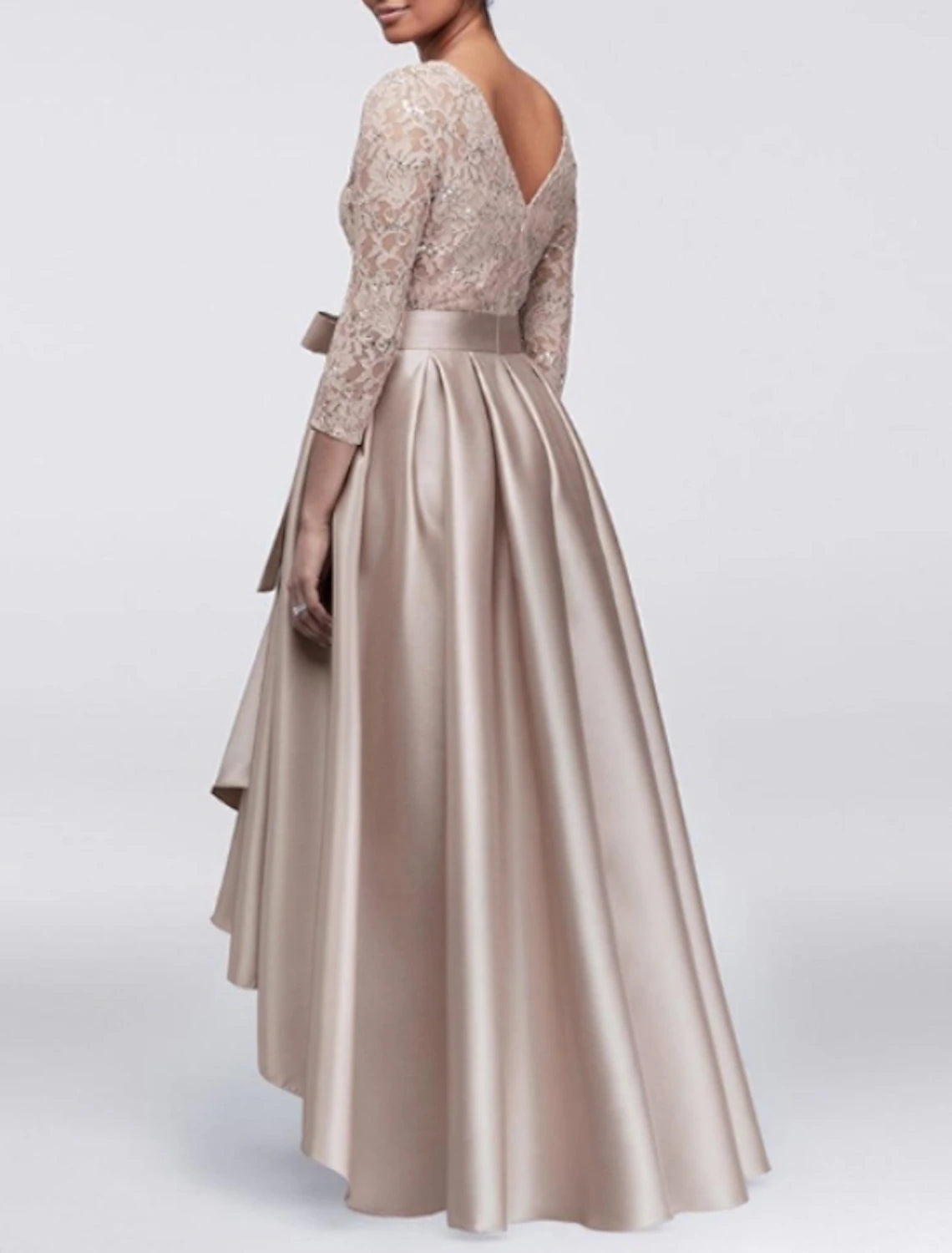 Abito da cerimonia per la madre della sposa, a trapezio, elegante, taglie forti, con scollo a V, in pizzo satinato asimmetrico, maniche a 3/4 con applicazioni di fascia/nastro