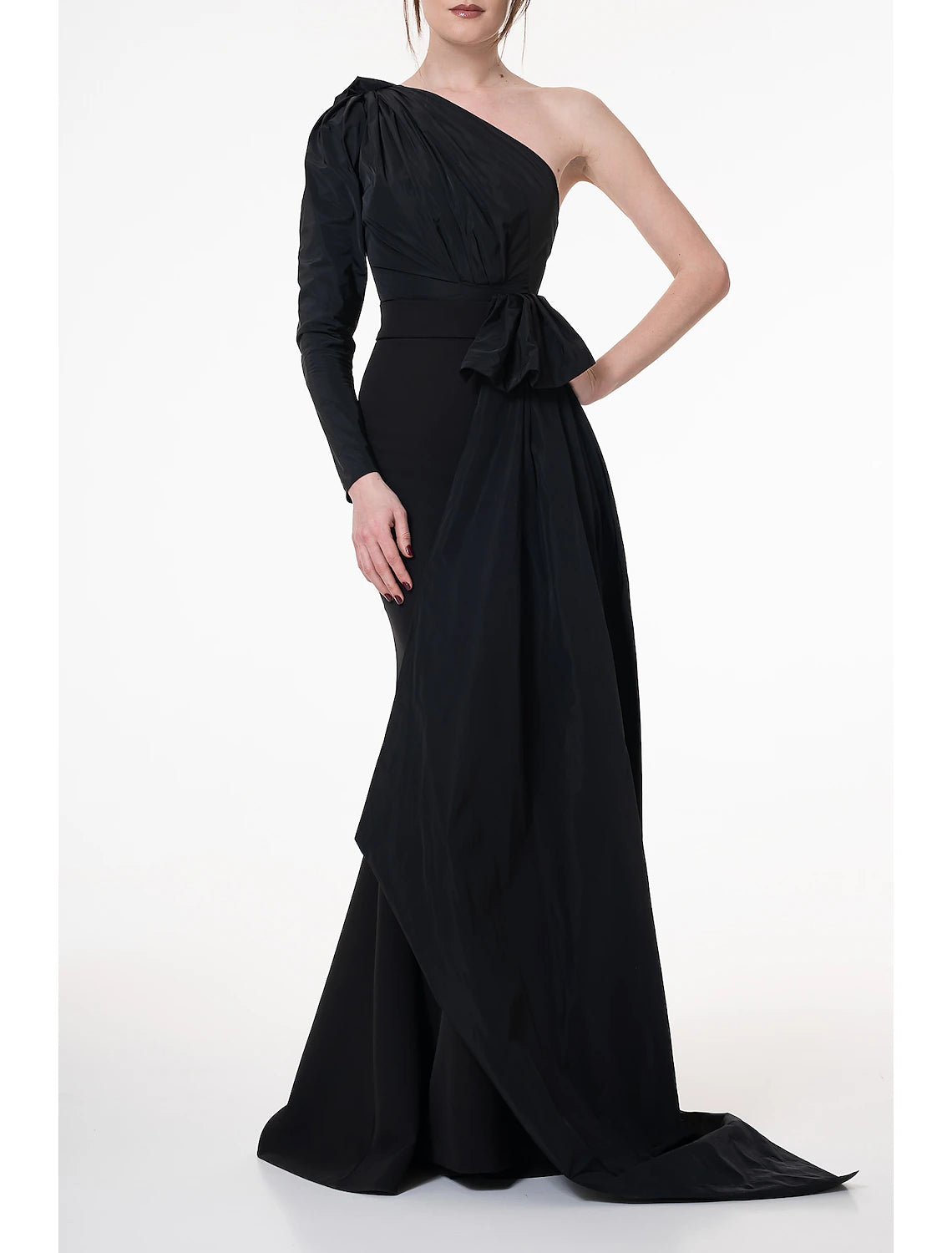 Vestido de noche elegante de sirena/trompeta, vestido formal de otoño, cola de corte, manga larga, un hombro, tela con pliegues