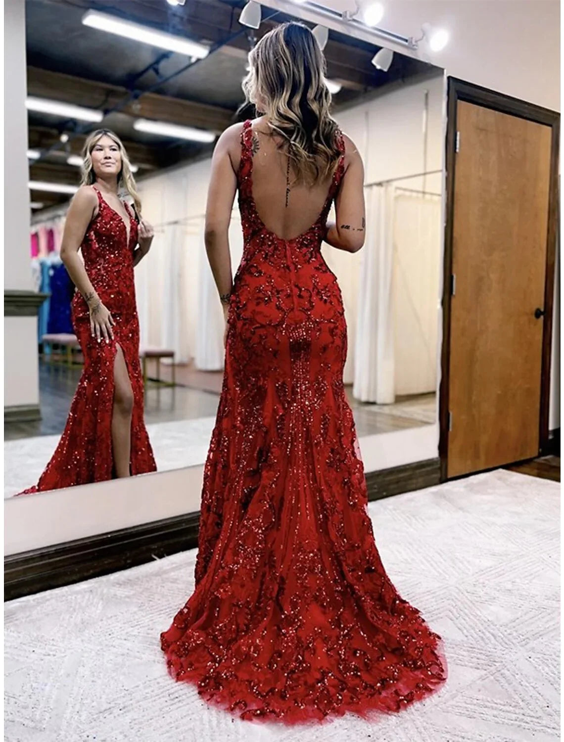 Red Sequin Mermaid Floor-Length Evening Gown with V-Neck & High Slit