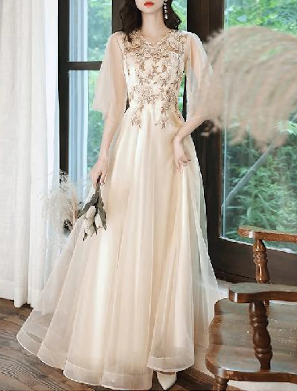 Champagne Chiffon A-Line Floor-Length Dress with V-Neck, Embroidered Bodice & Flutter Sleeves