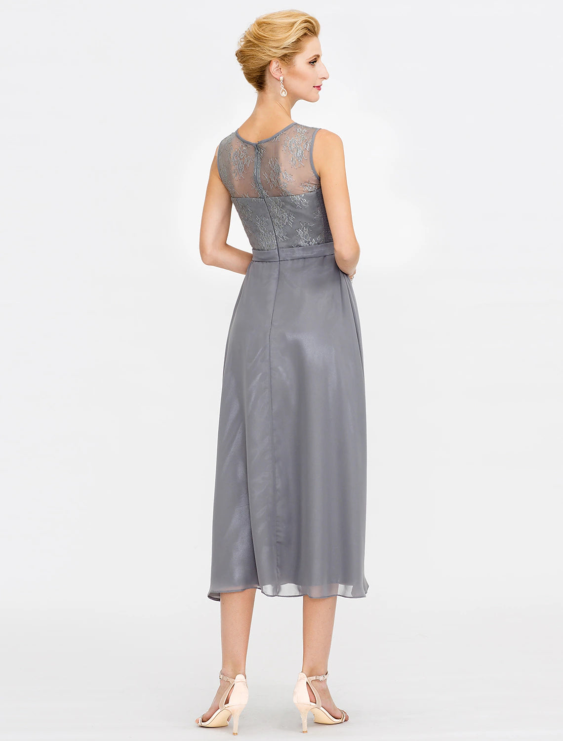 Abito da cerimonia per la madre della sposa a trapezio, abiti da cerimonia autunnali, taglie forti, elegante, scollo a V, lunghezza tè, in chiffon, pizzo cordonato, senza maniche, avvolgente, con pieghe in pizzo