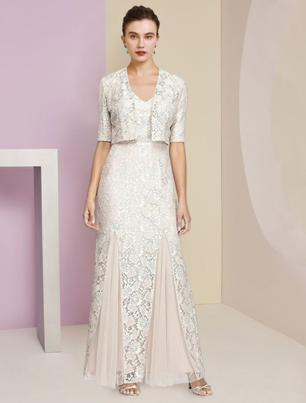 Ivory Lace Sheath/column Floor-Length Dress with Bolero Jacket