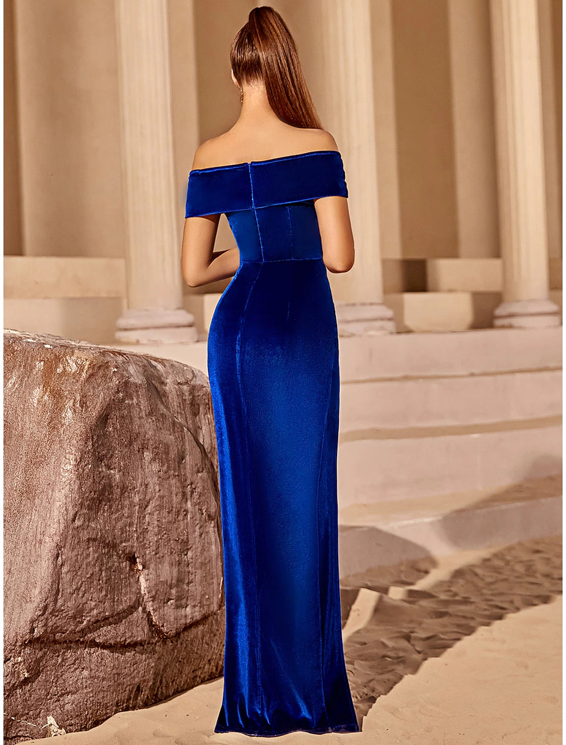 Royal Blue Velvet Off-the-Shoulder Sweetheart Sheath Floor-Length Dress