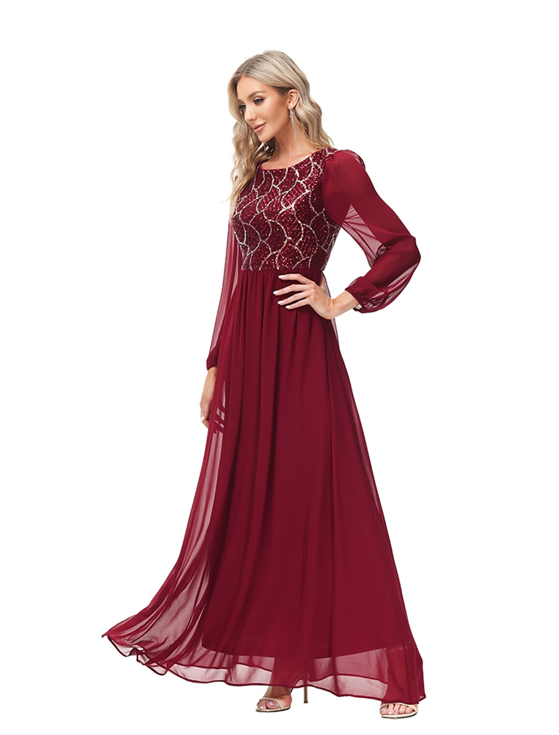 Burgundy Chiffon A-Line Floor-Length Evening Dress with Sequin Bodice
