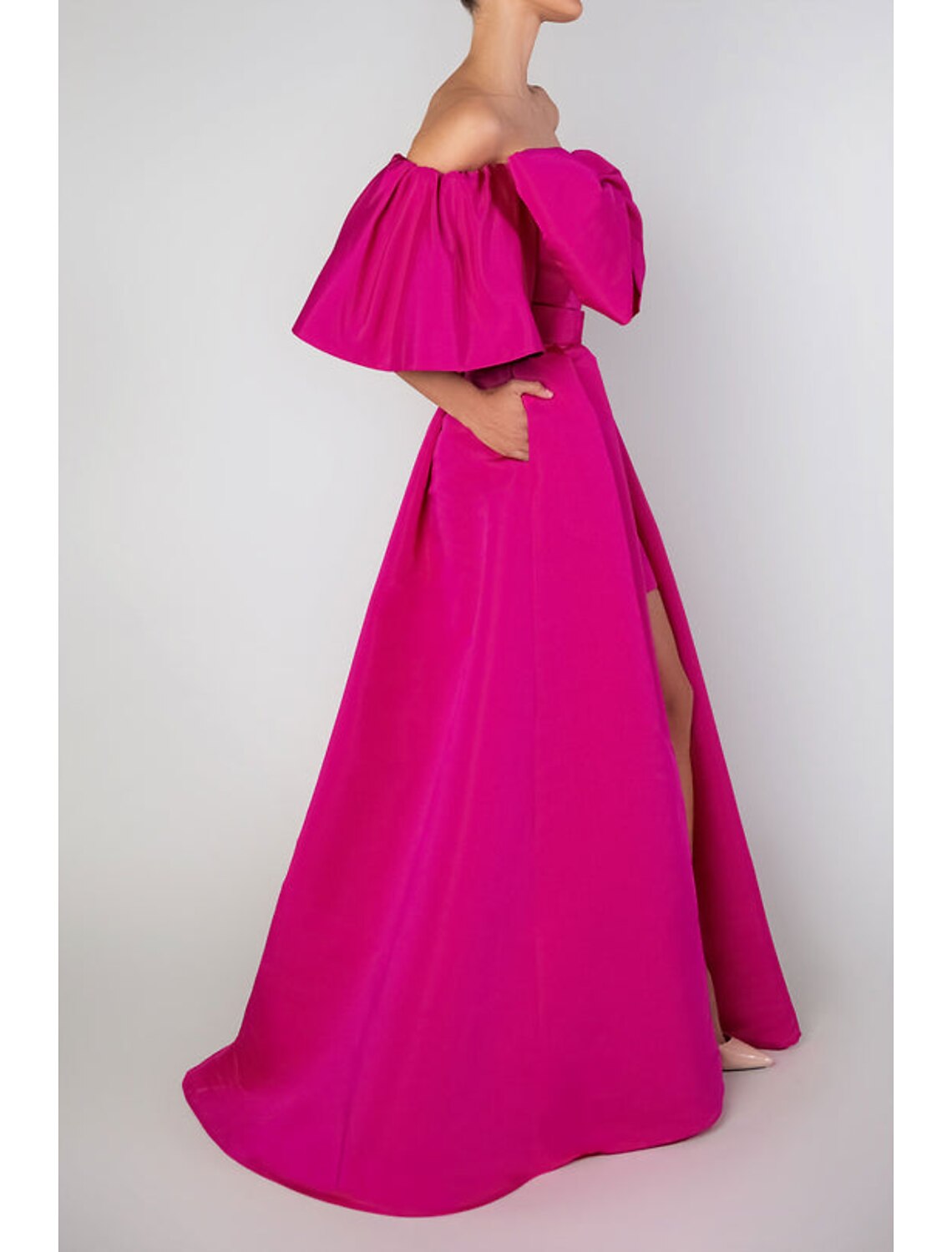 Abito da sera a trapezio, elegante, da sposa, cocktail party, lungo fino al pavimento, manica corta, spalle scoperte, taffetà staccabile con fiocco/i, gonna sopra