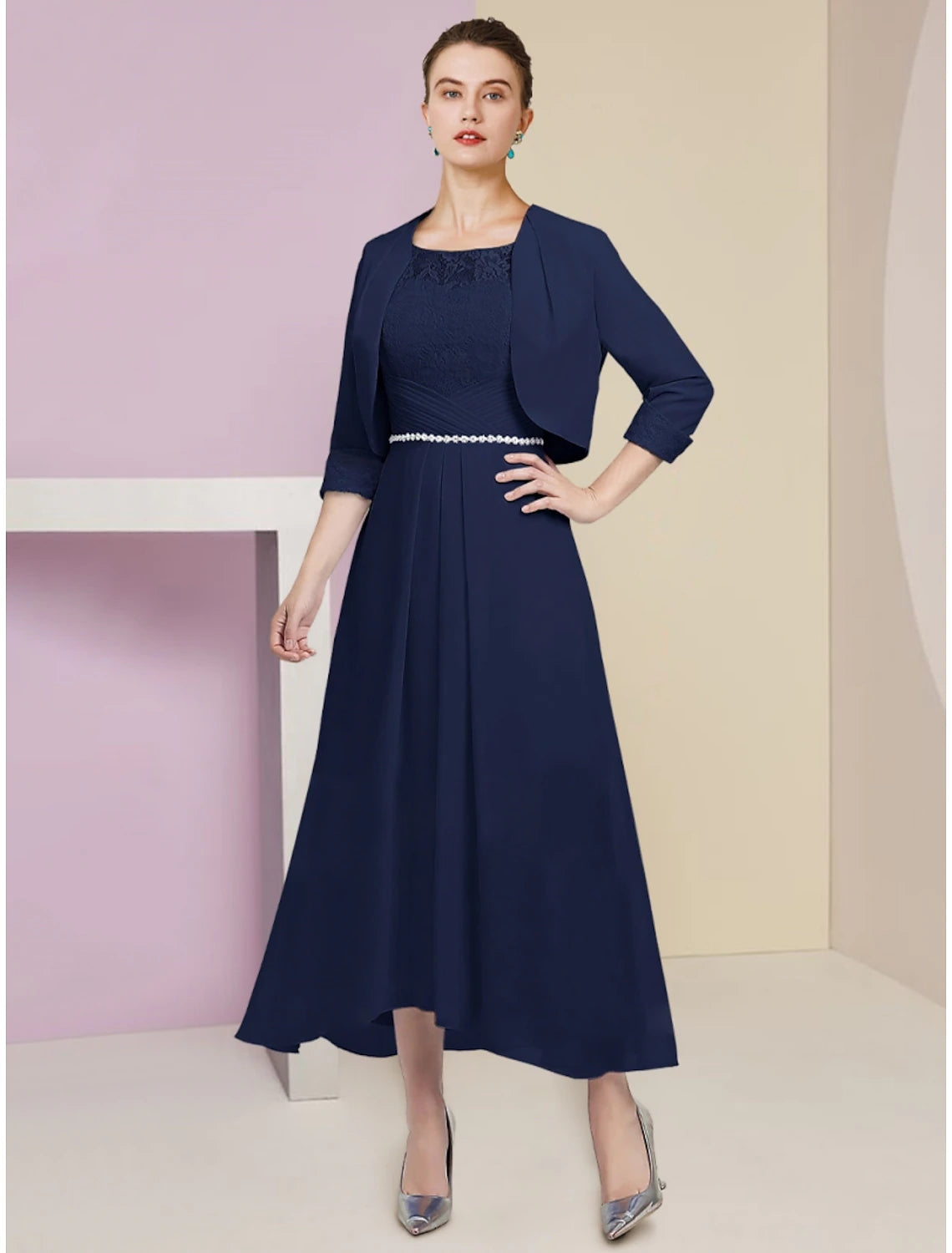 Dark Navy Chiffon Lace A-Line Tea-Length Dress with Scoop Neck and Beaded Belt