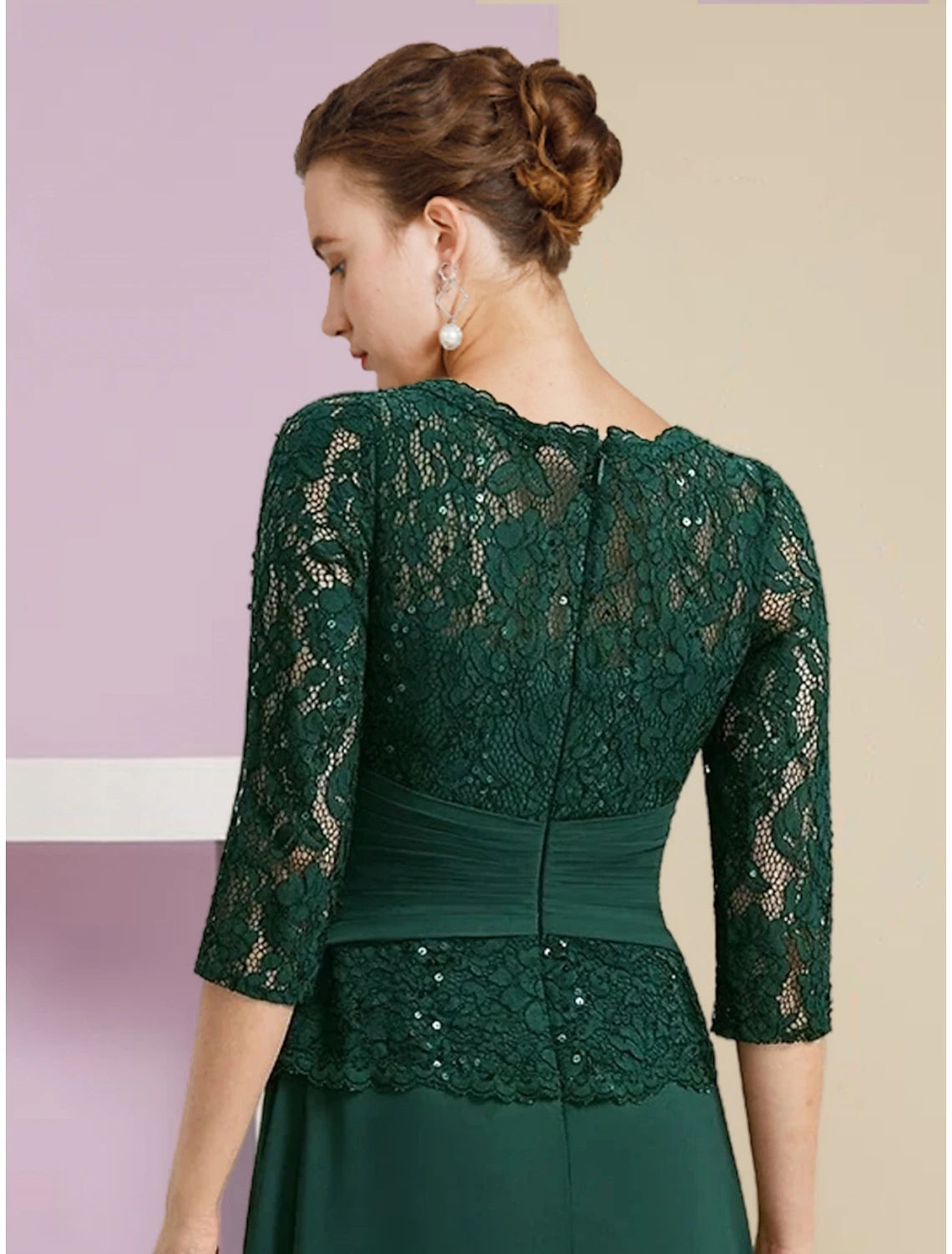 Abito da cerimonia per la madre della sposa, a trapezio, elegante, con scollo a barchetta, lunghezza al pavimento, in chiffon, maniche a 3/4, con arricciature in pizzo e paillettes