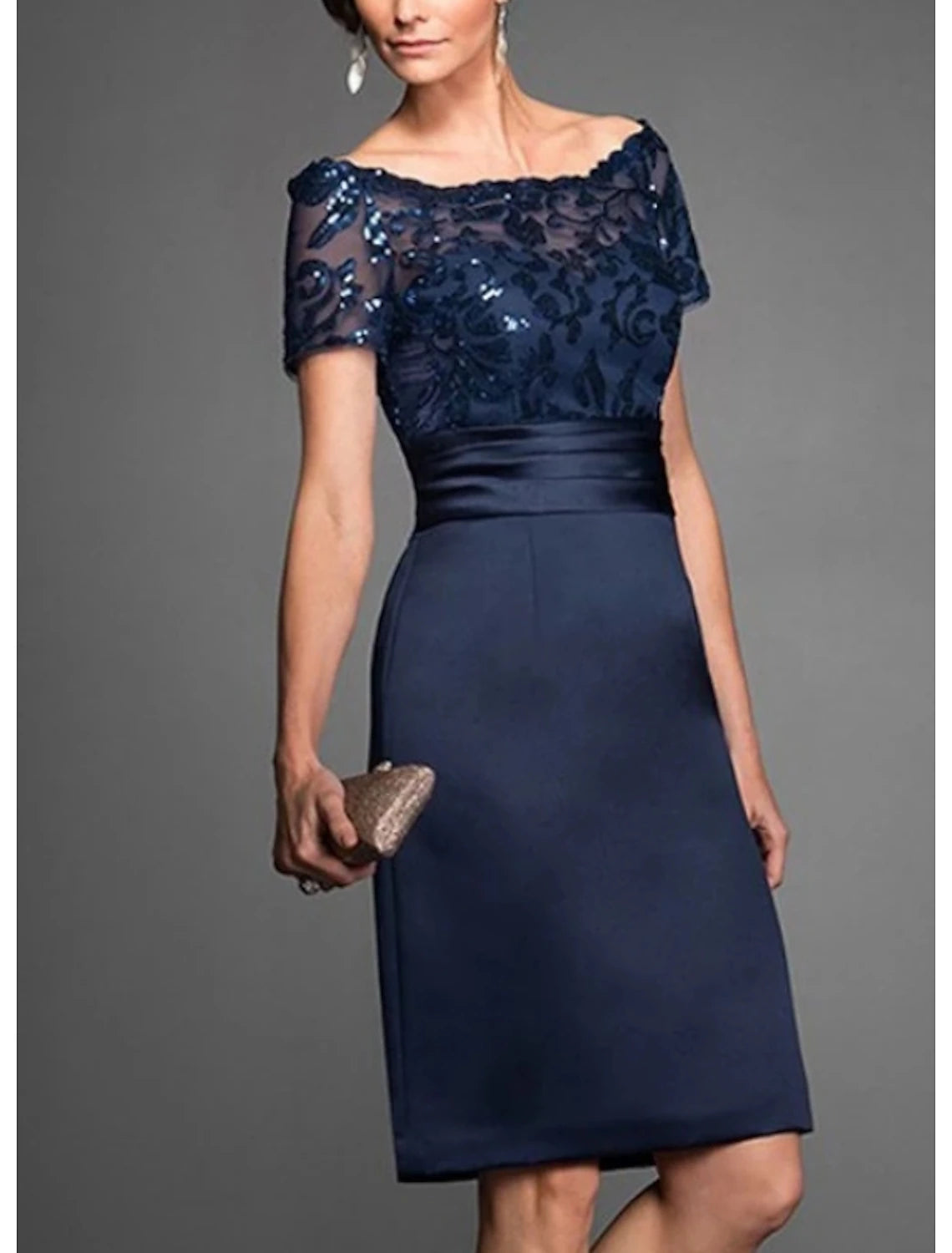 Dark Navy Sequined Lace Off-the-Shoulder Sheath Knee-Length Evening Dress