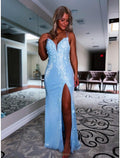 Sky Blue Sequin Mesh V-Neck Floor-Length Sheath/column Dress