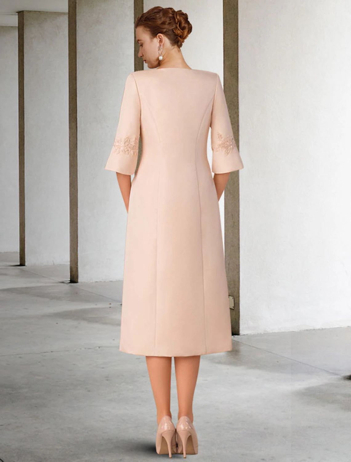 Vestido de Madre de la Novia de Dos Piezas con Corte en Columna/Iglesia Elegante de Invierno con Chaqueta Manga Corta Escote en V Largo hasta la Rodilla Encaje Gasa Apliques Lateral Drapeado