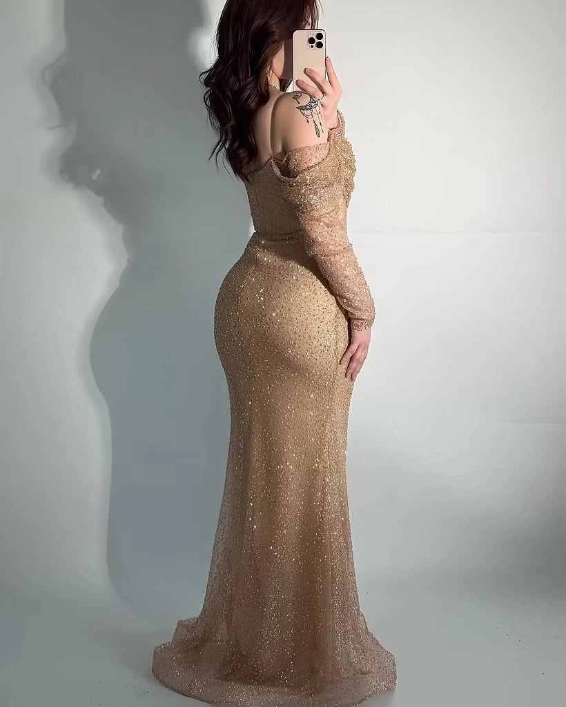 Gold Glitter Fabric Mermaid Off the Shoulder Zipper Back Floor Length Dress Back View - Jimiss