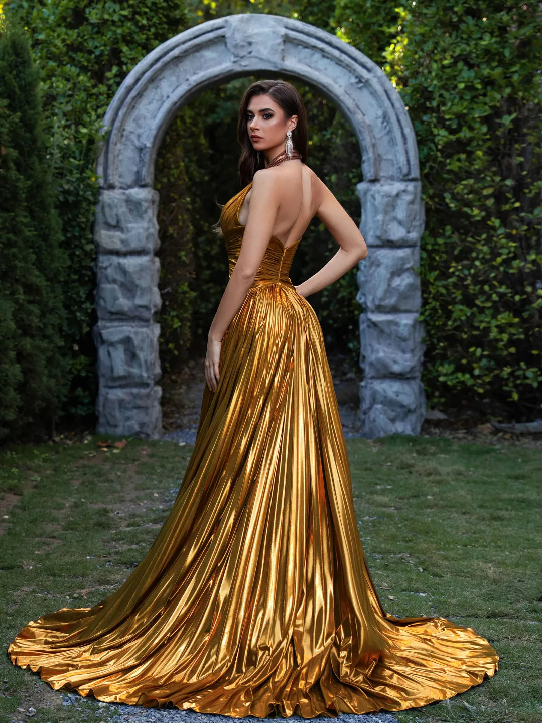 Gold Metallic Pleated Fabric A-Line Halter neckline Floor-Length Dress Back View - Jimiss